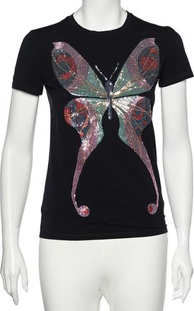 Emporio Armani Black Butterfly Print Cotton Sequins Top
