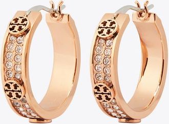 Tory Burch Womens Small Icon Pavé Hoop Earrings, One Size