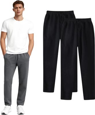 Generic Pack of 2 Mens Joggers Mens Jogging Sweatpants with Drawstring Solid Tracksuits Bottoms Straight Wide Leg Casual Trousers for Mens UK Gym Sports Activ