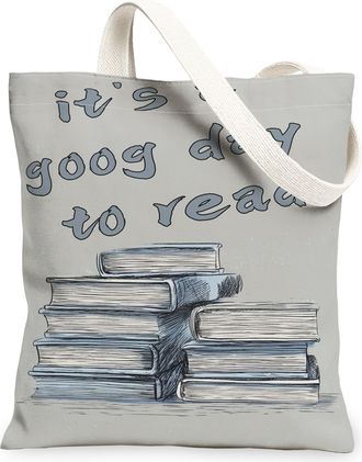 Generic Book Stack Canvas Tote Bags, Literary Design Lightweight Washable Shoulder Strap Reusable Grocery Bags for Everyday Use Tra, Gray, 13x15 Inch