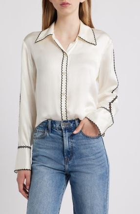 Rails Aloise Embroidered Trim Silk Button-Up Shirt in Ivory at Nordstrom, Size Xx-Small