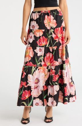 Wayf Marigold Tiered Midi Skirt in Black Poppies at Nordstrom, Size X-Small