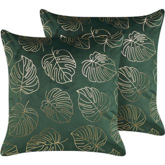 Beliani Conjunto De 2 Cojines De Terciopelo Verde Oscuro Dorado 45 X 45 Cm Hojas Deliciosa