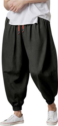 Generic Mens Cotton Trousers Baggy Casual Harem Pants Wide Leg Pants Mens Baggy Cotton Linen Harem Elastic Waist Cuff Wide Leg Loose Fit Yoga Comfort Pajama L