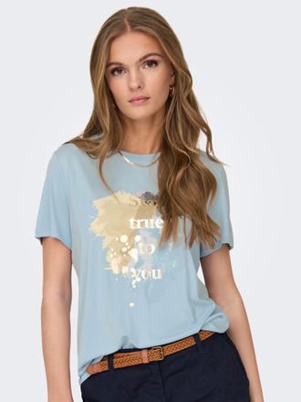 Only Kurzarmshirt ONLY ONLFREE LIFE REG S/S LEAF TOP BOX JRS, Damen, Gr. XS (34), blau (cashmere blau print:stay true), Single Jersey, Obermaterial: 70% Mo