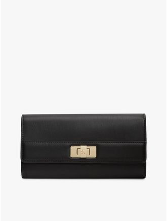 Tommy Hilfiger Womens Monogram Turnlock Large Flap Wallet - Black