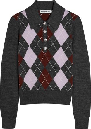 Self Portrait Argyle Wool Polo top - Grey - S (UK8-10 / S)