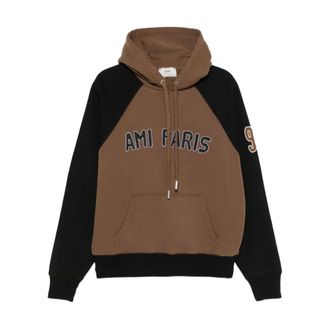Ami Hoodies, male, Brown, Size: XL Brown Embroidered Logo Sweater Kangaroo Pocket