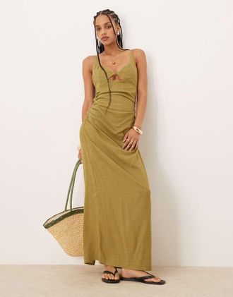 Asos Prendisole lungo in lino verde oliva con brassière cut-out