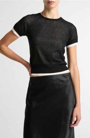 Vince Double Layer Raglan Short Sleeve Sweater in Black/Off White at Nordstrom, Size Xx-Small