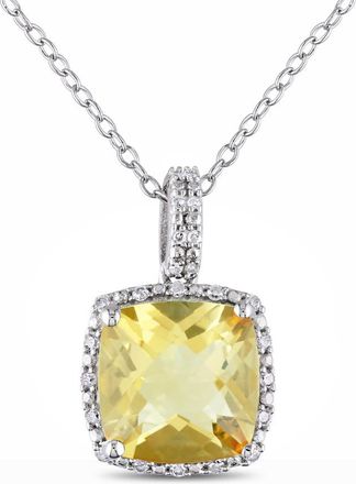 Amour 1/10 CT TW Diamond and 4 CT TGW Citrine Cushion Cut Halo Pendant with Chain In Sterling Silver