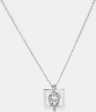Aigner Silver Tone Square Crystal Logo Pendant Necklace