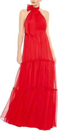 Mac Duggal Ruched Tiered High Neck Bow A Line Gown