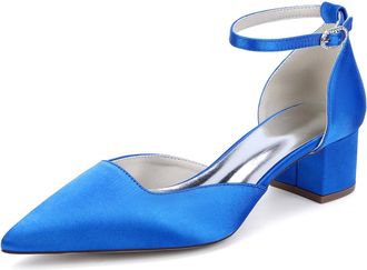 Generic Womens Block Heels Satin Bridal Wedding Shoes Pointed Toe Ankle Strap Court Prom Party Low Heels Shoes 4.5Cm,Royal Blue,10 UK