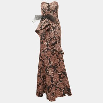 Badgley Mischka Black/pink Floral Jacquard Ruffled Strapless Gown