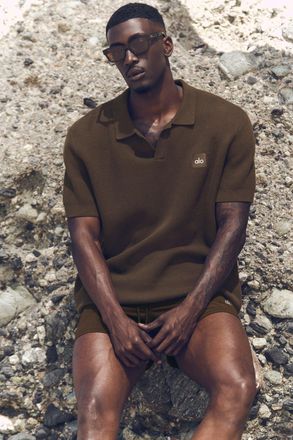 Alo | Sports Club Sweater Knit Polo Top in Espresso, Size: Medium