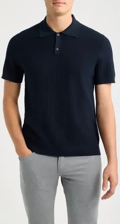 Nordstrom Short Sleeve Ribbed Cotton & Cashmere Polo Sweater in Navy Night Marl at Nordstrom, Size Xx-Large