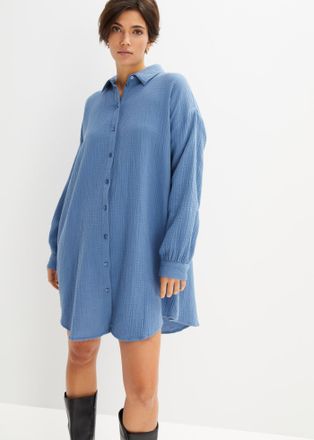Bonprix Longbluse BONPRIX, Damen, Gr. 34, jeansblau, Web, Obermaterial: 100% Baumwolle, unifarben, oversize ca. Mitte Oberschenkel, weit Manschette, Blusen Lo