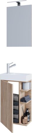 ebuy24 Ebuy24 - Set Vcm De 3 Piezas Lavadero Para Invitados Wc Ba&ntilde;o De Invitados Wc Lavabo Con Espejo Muebles De Ba&ntilde;o Set De Ba&ntilde;o - Lumia (sonoma Roble)