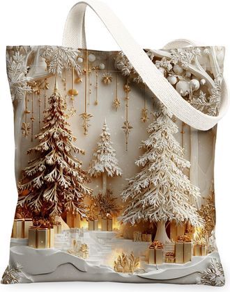 Generic Christmas Trees Canvas Tote Bags, Elegant Winter Pattern Reusable Grocery Bags, Vintage Lightweight Washable Shoulder Strap, Gold, 13x15 Inch