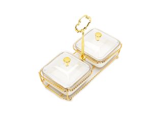 Classic Touch White Porcelain 2 Bowl Relish Dish on Gold Base - 8.25L
