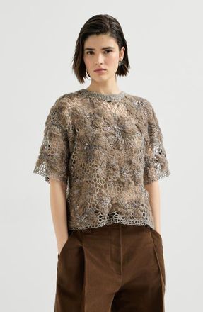 Brunello Cucinelli Whispering bloom embroidery knit t-shirt in sparkling mohair and wool in Pine Cone Brown at Nordstrom, Size X-Small