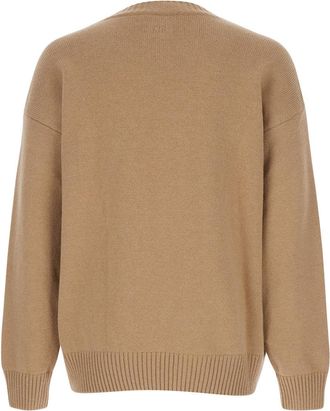 Msgm Mens Beige Crew Neck Sweater With Front Logo Merino Wool Tops Top