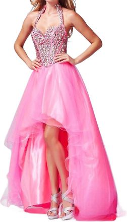 Mac Duggal High-Low Beaded Gown In Neon Pink
