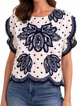 THML Clothing Short Sleeve Embroidery Detail Top In Blue/ Ivory