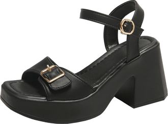 Generic Summer Womens Square Toe Sandals with Metal Buckle Belt Strap and Medium Heel for Large Size Comfortable Footwear (Black, 6.5)