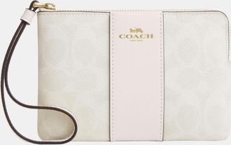 Coach Womens Corner Zip in Signature Canvas with Leather Stripe Bag - White - One Size