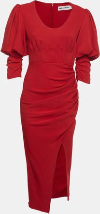 Self Portrait Red Stretch Crepe Draped Thigh Slit Midi Dress