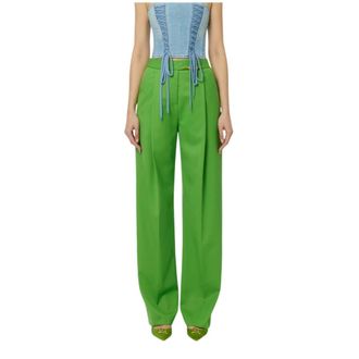 Elisabetta Franchi Wide Trousers, female, Green, Size: M Cool Wool Trousers with Jewel Plaque