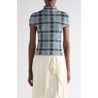 Acne Studios Plaid Short Sleeve Wool Funnel Neck Sweater in Blue/Brown at Nordstrom, Size Xx-Small