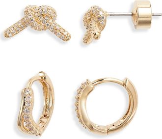 Nordstrom Set of 2 Stud & Huggie Hoop Earrings in Clear- Gold at Nordstrom