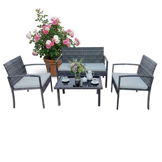 Relaxdays Relaxdays, Conjunto De Jard&iacute;n 4 Pzas, Rat&aacute;n Para 4 Personas, Banco, 2 Sillas Y Mesa De Cristal, Exterior, Gris