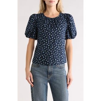 Melrose and Market Puff Sleeve Cotton Top in Navy- Blue Elise Floral at Nordstrom Rack, Size Xx-Small