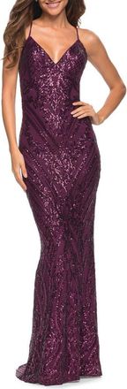 La Femme Print Sequin Gown in Jewel Tones with V Neckline in Dark Berry at Nordstrom, Size 10