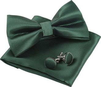 Alizeal Solid Pre-tied Bow Tie Cufflinks Hanky Set for Men Neck Wear, Forest Green