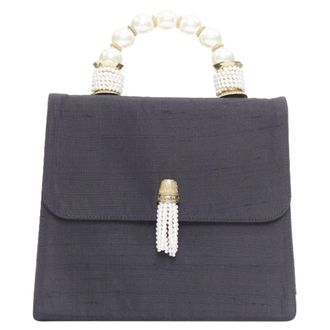 Moschino Vintage raw silk pearl gold handle tassel top handle bag
