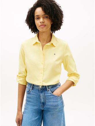 Tommy Hilfiger Womens Relaxed Fit Linen-Blend Shirt - Yellow - XXL
