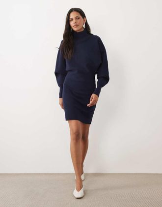 Asos premium vestito mini in maglia compatta con collo alto e maniche a pipistrello navy-blu navy