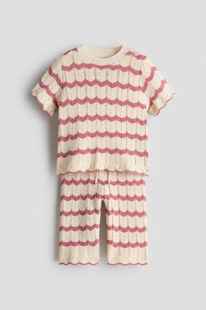 H&M 2-piece pointelle-knit cotton set in Light Beige/pink Striped at Nordstrom, Size 12M