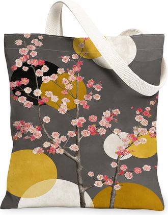 Generic Floral Canvas Tote Bags, Artistic Cherries Blossom Pattern Reusable Grocery Bags, Vintage Lightweight Washable Shoulder Str, Gray, 13x15 Inch