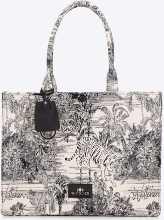 Wittchen Dames jacquard-patroon shoppertas, zwart en cr&egrave;me