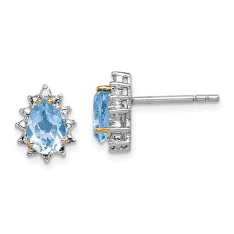 Diamond2Deal Sterling Silver with 14K Accent Rhodium-plated Sky Blue Topaz and Diamond Stud Earrings