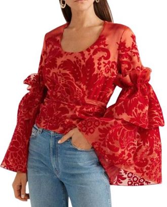 Rosie Assoulin Red Flocked Silk Organza Top Size M