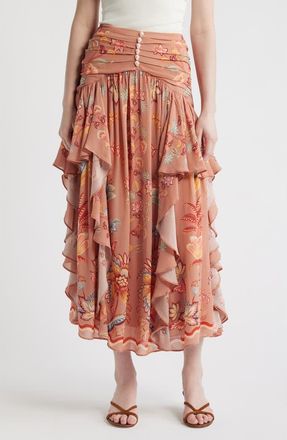 Farm Rio Boho Enhance Ruffled Maxi Skirt in Boho Enchance Mocha at Nordstrom, Size X-Small