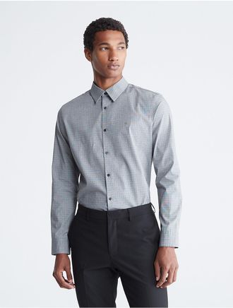 Calvin Klein Mens Plaid Slim Stretch Button-Down Shirt - Grey - XS