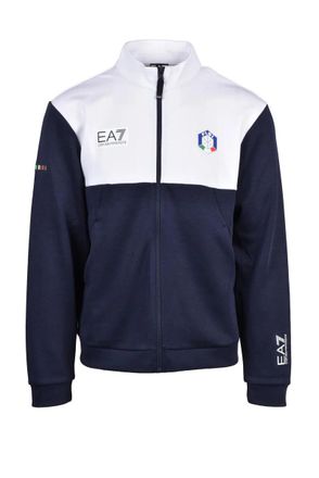 Emporio Armani White/Blue Polyester Cotton Mens Zip Hoodie